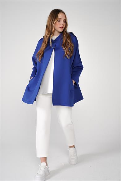 Puf Kumaş Kapüşonlu Cepli Yaka Çıtçıt Detaylı Nicole Kap Saks Mavi