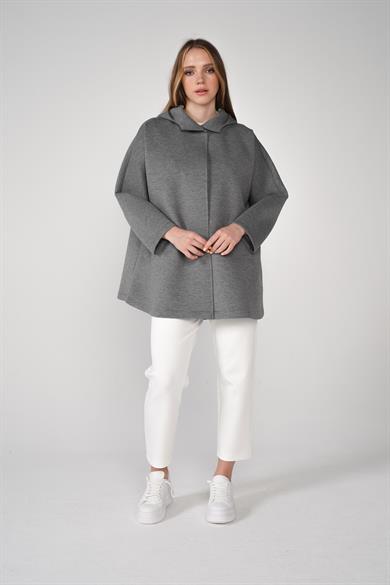 Puf Kumaş Kapüşonlu Cepli Yaka Çıtçıt Detaylı Nicole Kap Gri Melanj