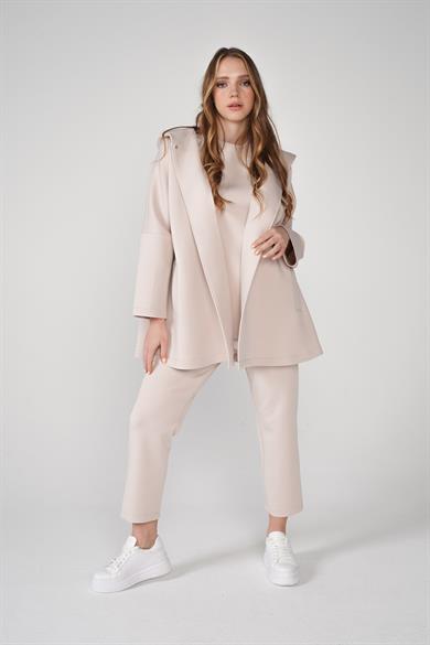 Puf Kumaş Kapüşonlu Cepli Yaka Çıtçıt Detaylı Nicole Kap Taş