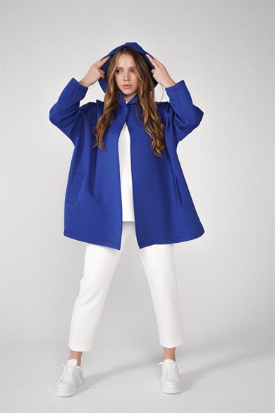 Puf Kumaş Kapüşonlu Cepli Yaka Çıtçıt Detaylı Nicole Kap Saks Mavi