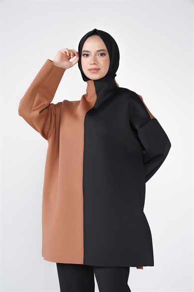 Puf Kumaş Lazer Kesim Lina Çift Garnili Tunik Taba Siyah