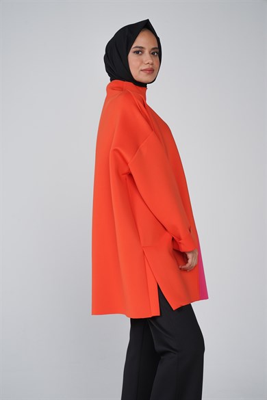 Puf Kumaş Lazer Kesim Lina Çift Garnili Tunik Nar Fuşya