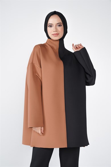 Puf Kumaş Lazer Kesim Lina Çift Garnili Tunik Taba Siyah