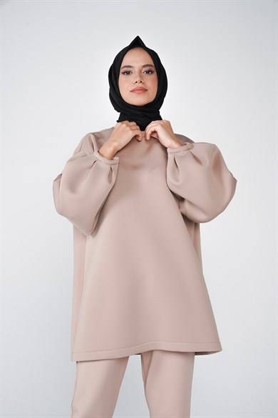 Scuba Kumaş Balon Kol Bisiklet Yaka Bubble Basic Tunik Vizon