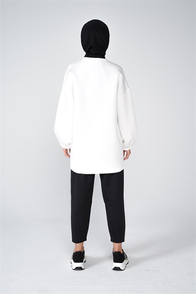 Scuba Kumaş Balon Kol Bisiklet Yaka Bubble Basic Tunik Beyaz