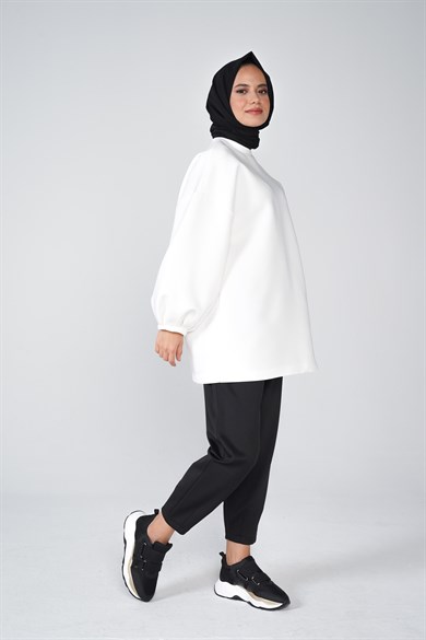 Scuba Kumaş Balon Kol Bisiklet Yaka Bubble Basic Tunik Beyaz