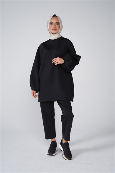 Scuba Kumaş Balon Kol Bisiklet Yaka Bubble Basic Tunik Siyah