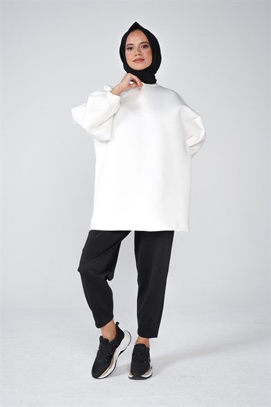 Scuba Kumaş Balon Kol Bisiklet Yaka Bubble Basic Tunik Beyaz