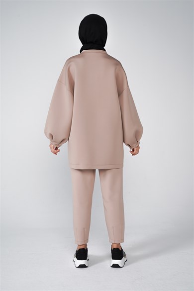 Scuba Kumaş Balon Kol Bisiklet Yaka Bubble Basic Tunik Vizon