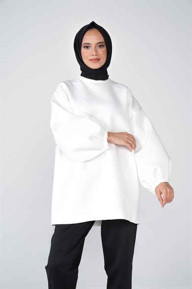Scuba Kumaş Balon Kol Bisiklet Yaka Bubble Basic Tunik Beyaz