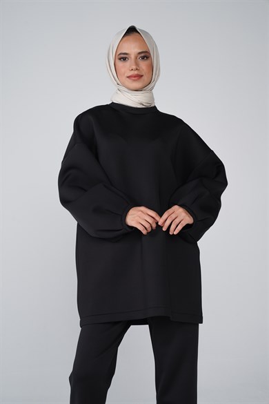 Scuba Kumaş Balon Kol Bisiklet Yaka Bubble Basic Tunik Siyah