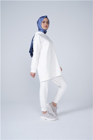 Scuba Kumaş Bilek Lastikli Pantolon Beyaz