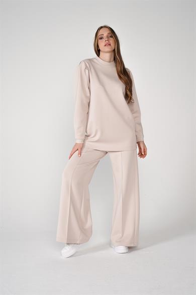 Scuba Kumaş Bisiklet Yaka Bol Paça Pantolonlu Moni İkili Takım Taş