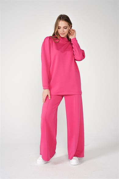 Scuba Kumaş Bisiklet Yaka Bol Paça Pantolonlu Moni İkili Takım Fuşya