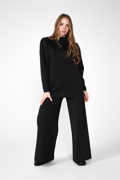 Scuba Kumaş Bisiklet Yaka Bol Paça Pantolonlu Moni İkili Takım Siyah