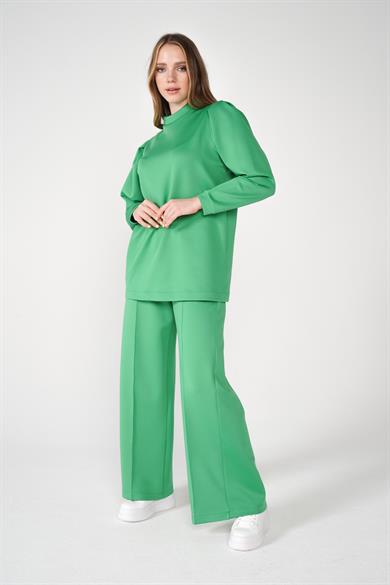 Scuba Kumaş Bisiklet Yaka Bol Paça Pantolonlu Moni İkili Takım Yeşil