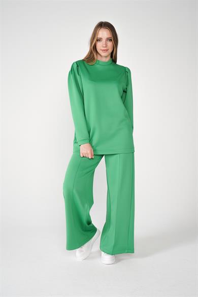 Scuba Kumaş Bisiklet Yaka Bol Paça Pantolonlu Moni İkili Takım Yeşil