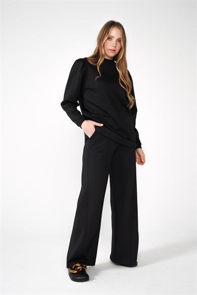 Scuba Kumaş Bisiklet Yaka Bol Paça Pantolonlu Moni İkili Takım Siyah