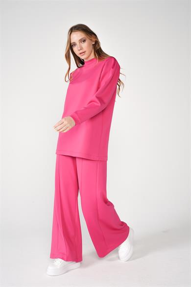 Scuba Kumaş Bisiklet Yaka Bol Paça Pantolonlu Moni İkili Takım Fuşya