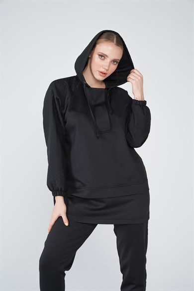 Scuba Kumaş Kapitone Garnili Kapüşonlu Nova İkili Takım Siyah