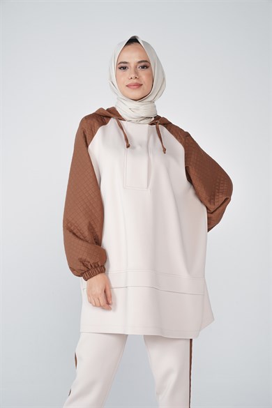 Scuba Kumaş Kapitone Garnili Kapüşonlu Nova İkili Takım Kahve
