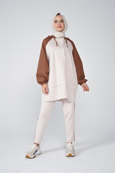Scuba Kumaş Kapitone Garnili Kapüşonlu Nova İkili Takım Kahve