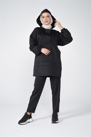Scuba Kumaş Kapitone Garnili Kapüşonlu Nova İkili Takım Siyah