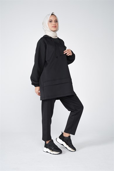 Scuba Kumaş Kapitone Garnili Kapüşonlu Nova İkili Takım Siyah