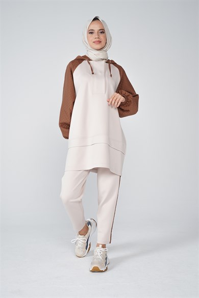 Scuba Kumaş Kapitone Garnili Kapüşonlu Nova İkili Takım Kahve
