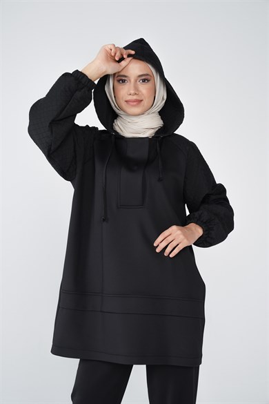 Scuba Kumaş Kapitone Garnili Kapüşonlu Nova İkili Takım Siyah