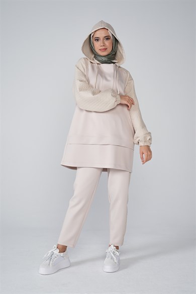 Scuba Kumaş Kapitone Garnili Kapüşonlu Nova İkili Takım Taş