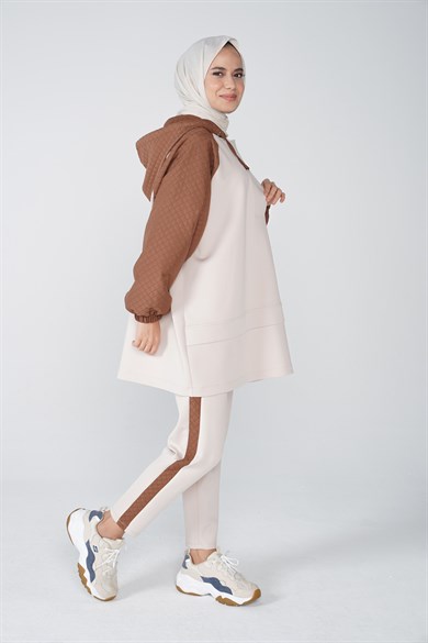 Scuba Kumaş Kapitone Garnili Kapüşonlu Nova İkili Takım Kahve