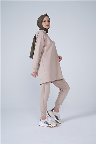 Scuba Kumaş Kapşonlu Paça Lastik Detaylı Defne İkili Takım Vizon