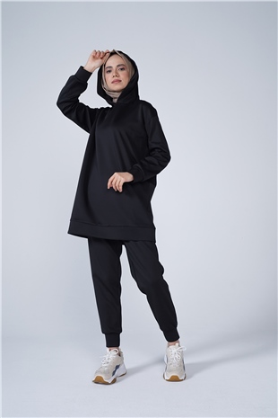 Scuba Kumaş Kapşonlu Paça Lastik Detaylı Defne İkili Takım Siyah