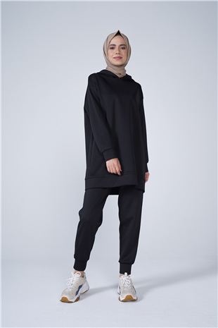 Scuba Kumaş Kapşonlu Paça Lastik Detaylı Defne İkili Takım Siyah
