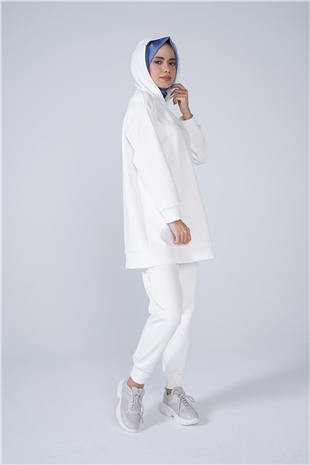 Scuba Kumaş Kapşonlu Paça Lastik Detaylı Defne İkili Takım Beyaz