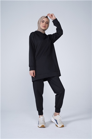 Scuba Kumaş Kapşonlu Paça Lastik Detaylı Defne İkili Takım Siyah