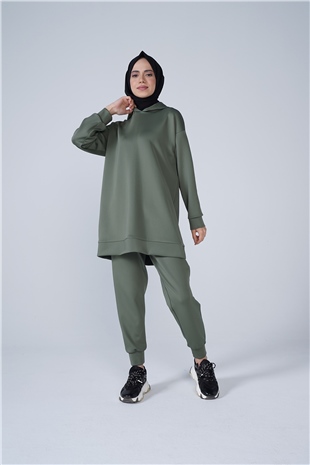 Scuba Kumaş Kapşonlu Paça Lastik Detaylı Defne İkili Takım Haki