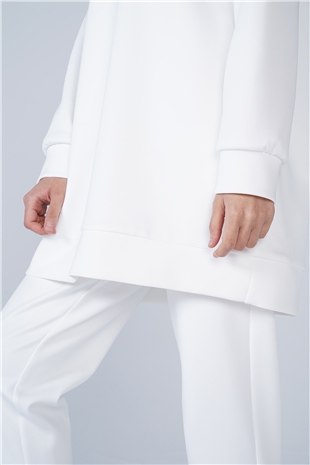 Scuba Kumaş Kapşonlu Paça Lastik Detaylı Defne İkili Takım Beyaz