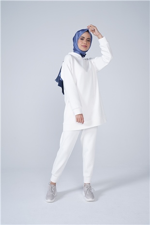 Scuba Kumaş Kapşonlu Paça Lastik Detaylı Defne İkili Takım Beyaz
