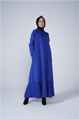 Scuba Kumaş Kapşonlu Volanlı Cep Detaylı Uzun Elbise Mavi