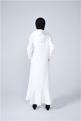 Scuba Kumaş Kapşonlu Volanlı Cep Detaylı Uzun Elbise Vanilya