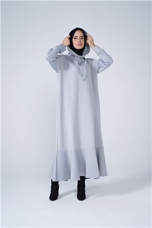 Scuba Kumaş Kapşonlu Volanlı Cep Detaylı Uzun Elbise Gri