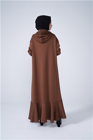 Scuba Kumaş Kapşonlu Volanlı Cep Detaylı Uzun Elbise Kahve