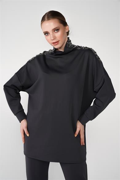 Scuba Kumaş Omuz Taş İşlemeli Tunik Ve Havuç Pantolonlu Shine İkili Takım Antrasit