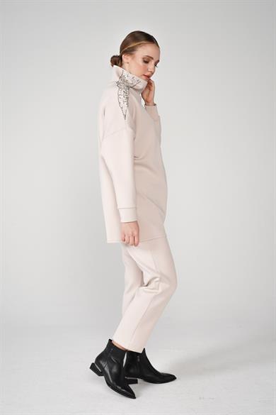 Scuba Kumaş Omuz Taş İşlemeli Tunik Ve Havuç Pantolonlu Shine İkili Takım Taş