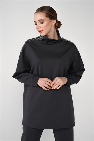 Scuba Kumaş Omuz Taş İşlemeli Tunik Ve Havuç Pantolonlu Shine İkili Takım Antrasit