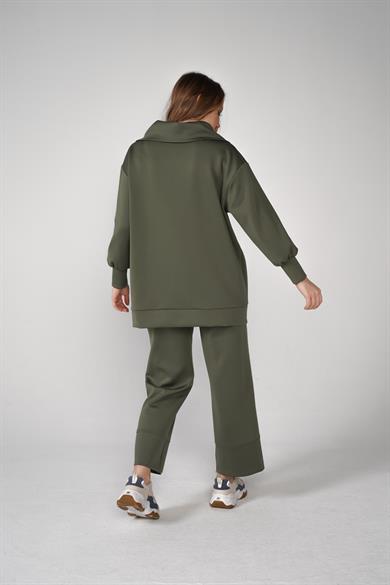Scuba Kumaş Yaka Fermuarlı Kol Manşetli Pantolon Paça Detaylı Leroy İkili Takım Haki