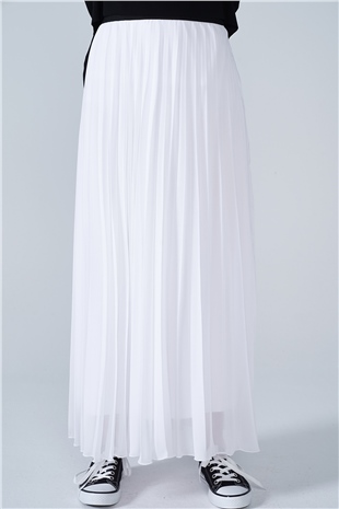 Şifon Astarlı Piliseli Etek Beyaz