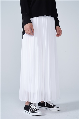 Şifon Astarlı Piliseli Etek Beyaz